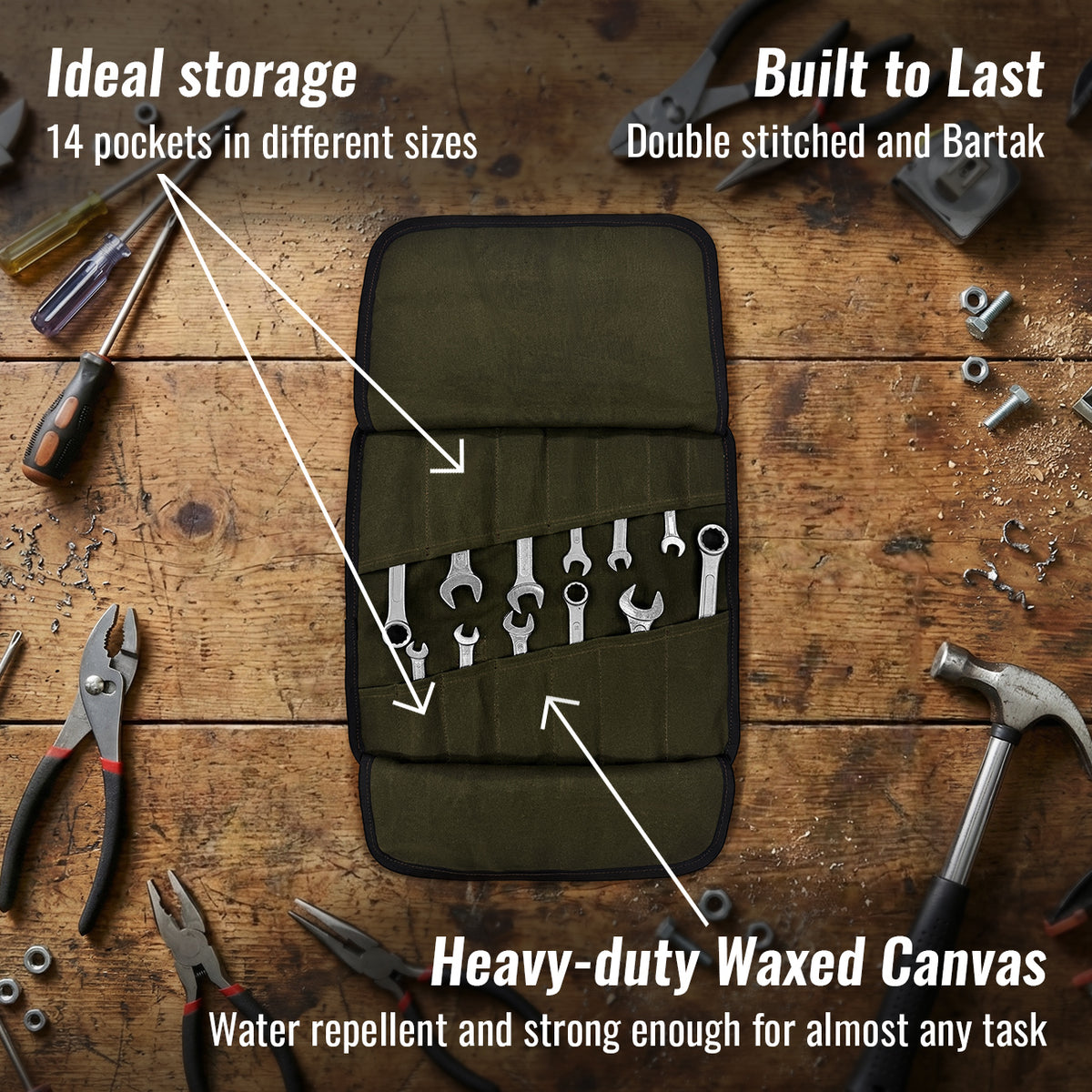 Tool Roll Organizer, Waxed Canvas, Heavy-Duty Wrench Bag, Hand Tool Pouch - Mechanics, Electricians - Under NY Sky