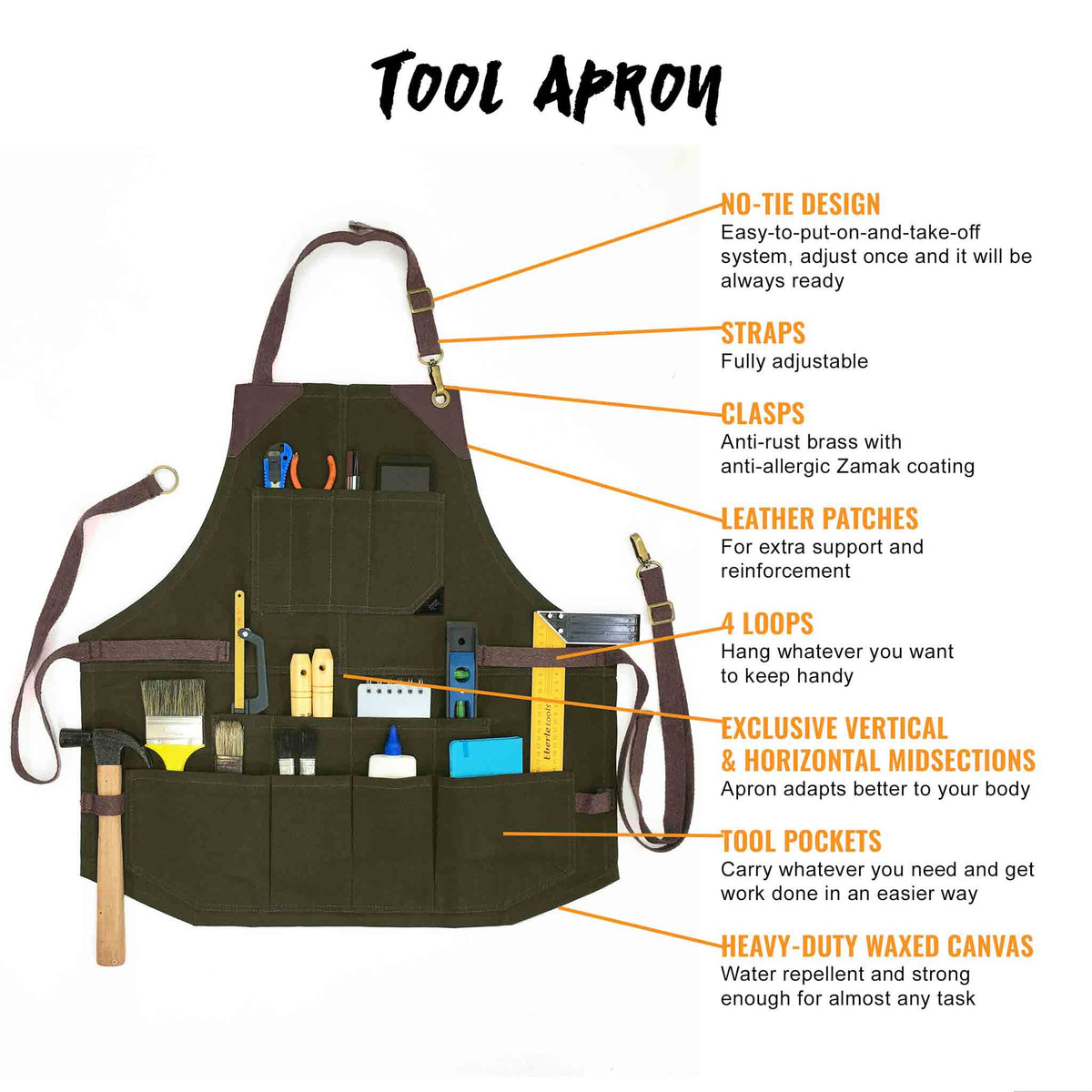 Tool Apron - 12 Pockets, Heavy-Duty Waxed Canvas, Leather Trim, NoTie - Woodwork, Garden, Shop - Under NY Sky