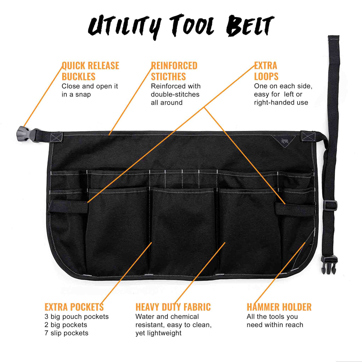 Tool Belt - 12 Pockets, 2 Loops, 1 Hammer Loop - Heavy Duty - Adjustable Pouch Apron - Mechanic, Shop, Electrician, Gardener, Makers - Under NY Sky