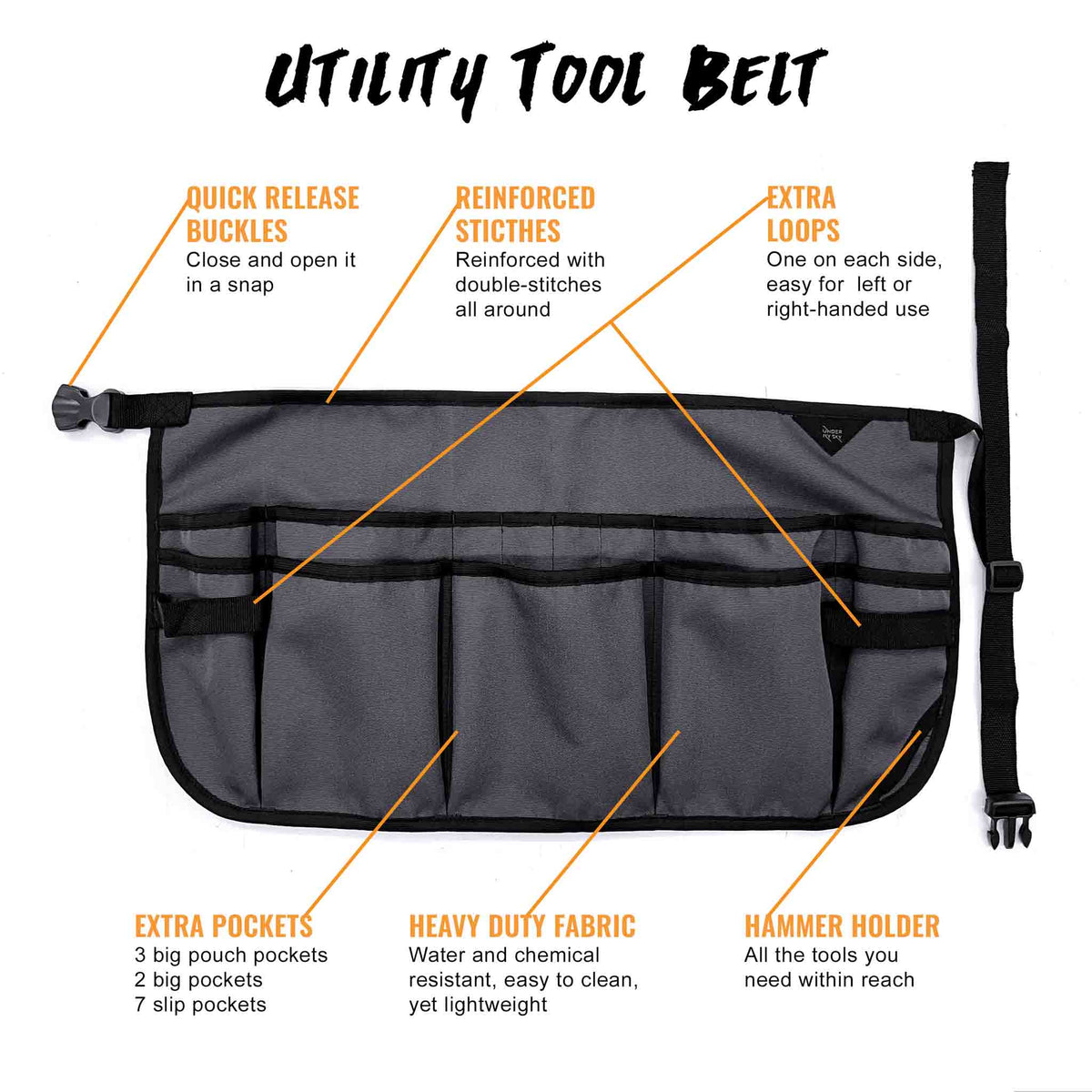 Tool Belt - 12 Pockets, 2 Loops, 1 Hammer Loop - Heavy Duty - Adjustable Pouch Apron - Mechanic, Shop, Electrician, Gardener, Makers - Under NY Sky