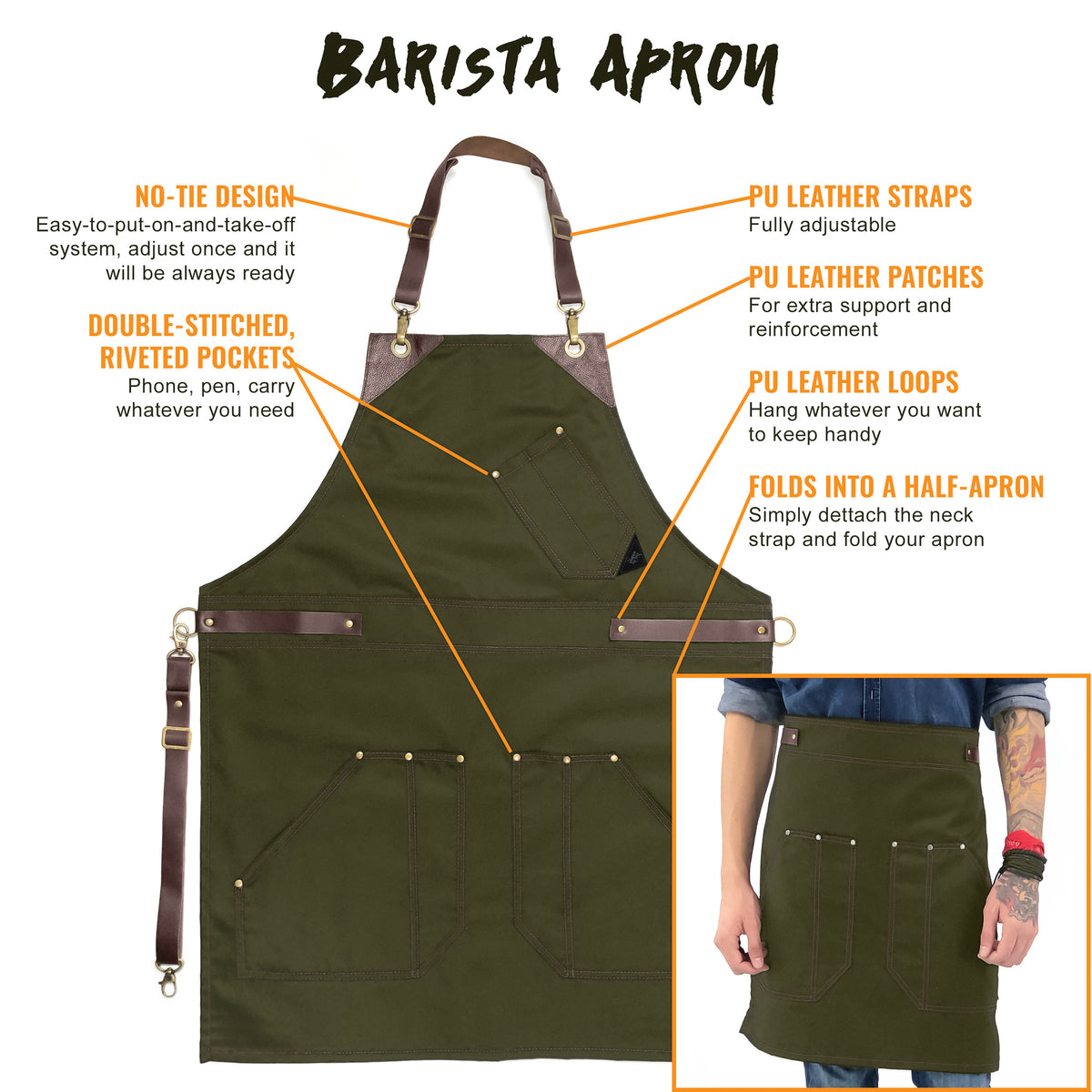 Barista Apron - Leather Straps &amp; Loops - Double Stitched - Chef, Cook, Barista, Bartender - Under NY Sky