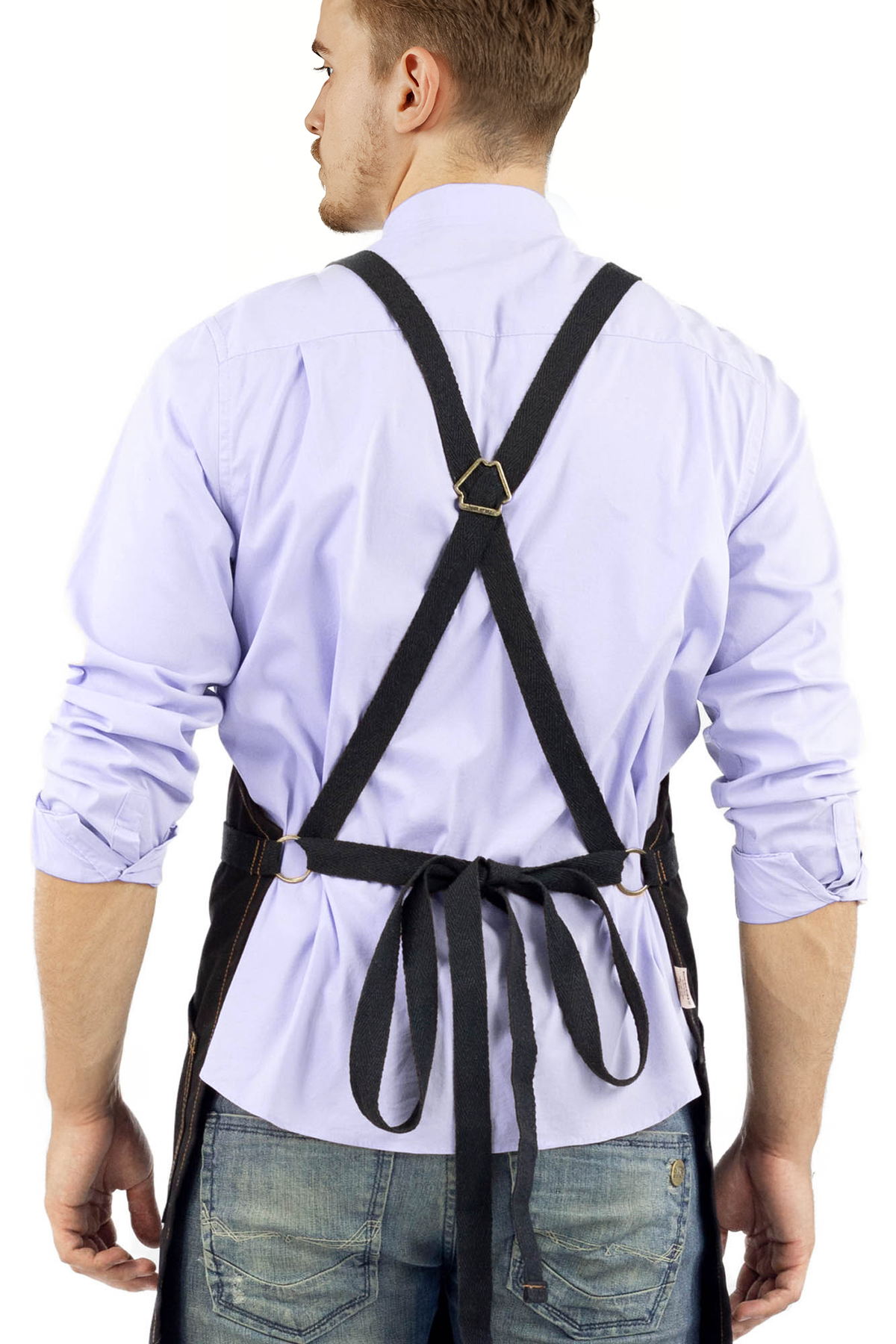 Work Apron - Professional Denim &amp; Twill, Leather Trim, CrossBack, Chef, Bartender, Shop, Server - Under NY Sky