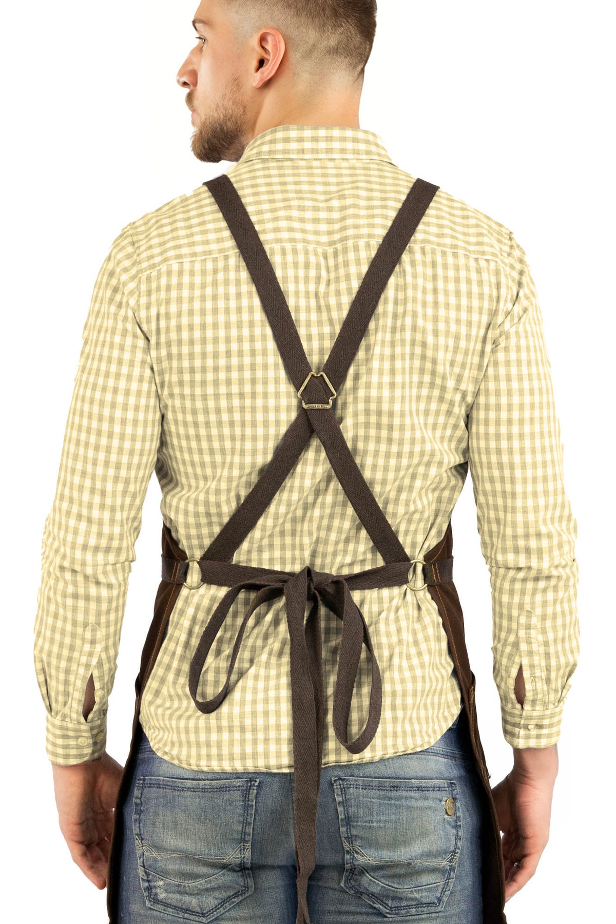 Work Apron - Professional Denim &amp; Twill, Leather Trim, CrossBack, Chef, Bartender, Shop, Server - Under NY Sky