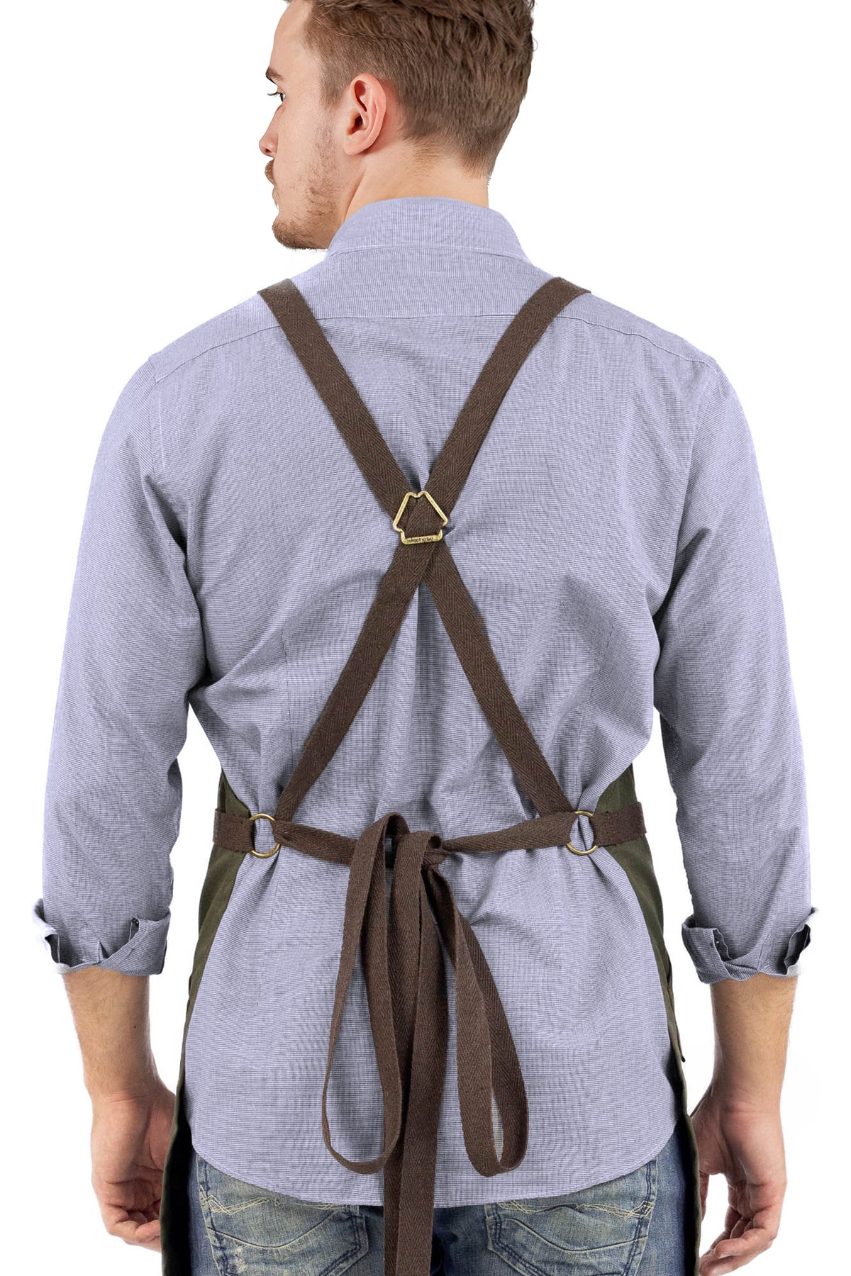 Work Apron - Professional Denim &amp; Twill, Leather Trim, CrossBack, Chef, Bartender, Shop, Server - Under NY Sky