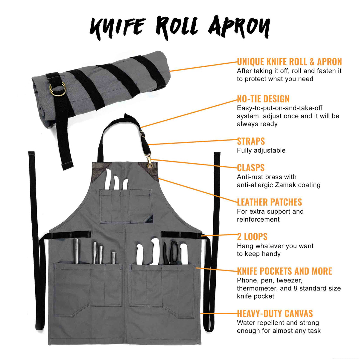 Utility Apron - Heavy-Duty Canvas, Folds into Knife Roll, Leather Trim - Chef, BBQ, Butcher - Under NY Sky 