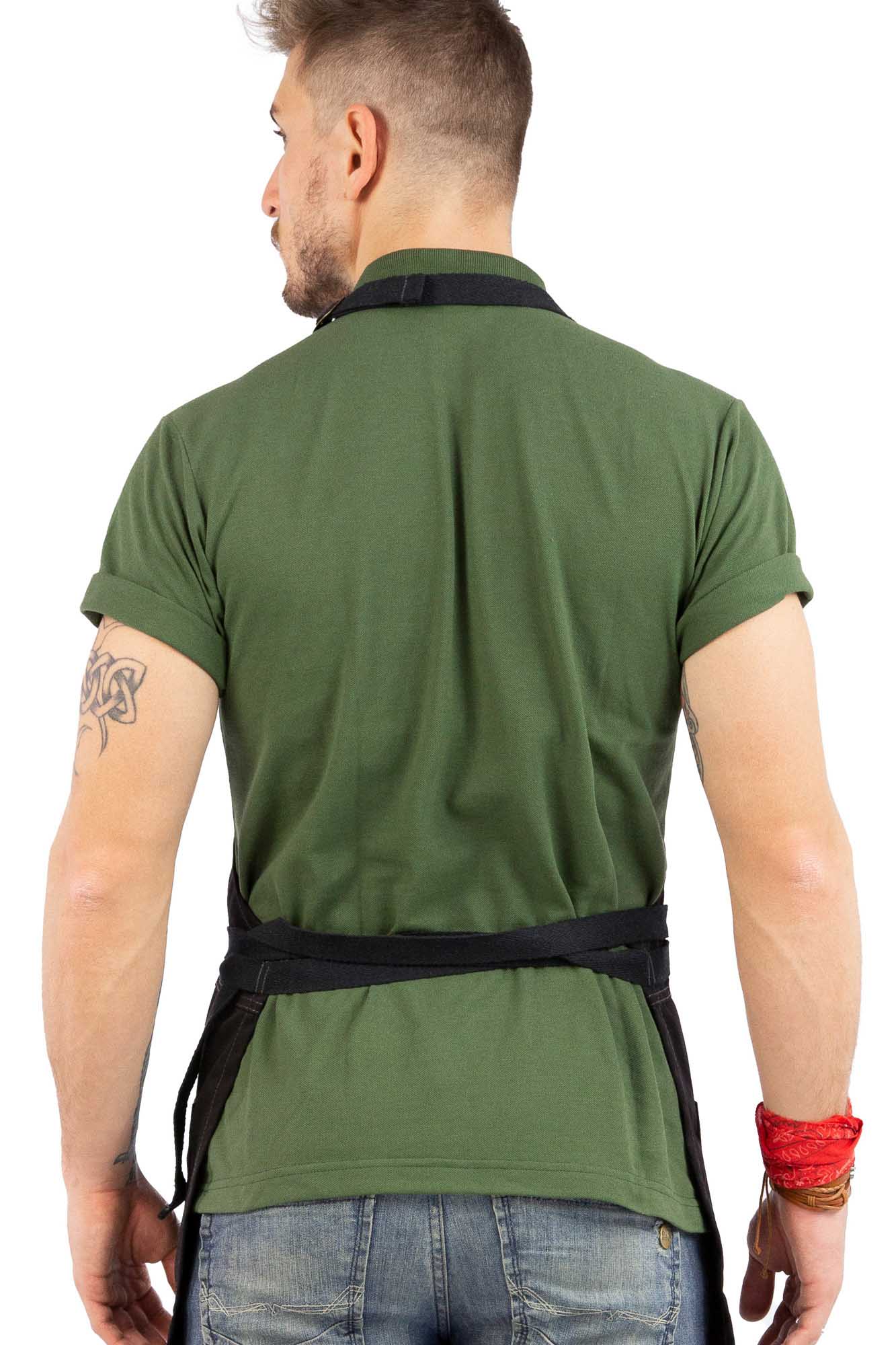 Barista Apron Leather Straps & Loops Good for Chef, Barista, Bartender Black Twill - Black Leather