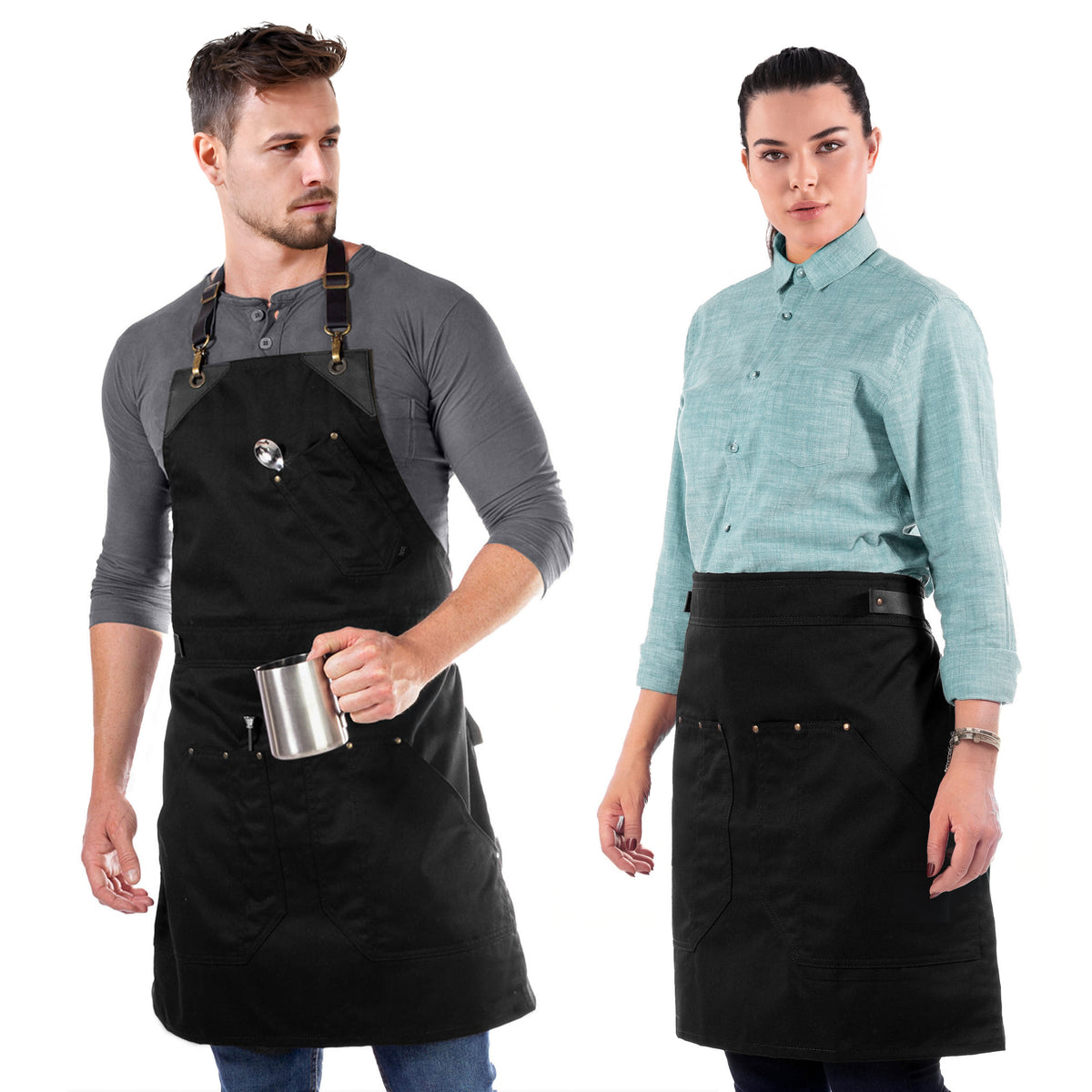 Barista Apron - Leather Straps &amp; Loops - Double Stitched  - Chef, Cook, Barista, Bartender -  Under NY Sky