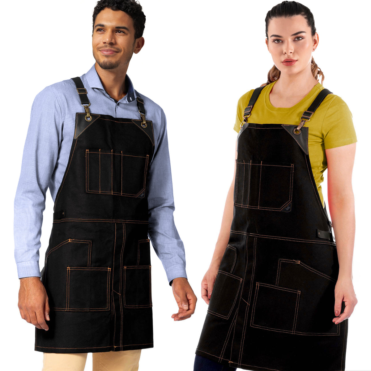 Leather Straps Apron - Denim or Waxed Canvas, CrossBack, Easy-Fastening - Carpenter, Shop, Work