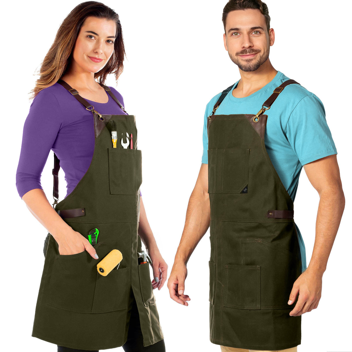 Leather Straps Apron - Denim or Waxed Canvas, CrossBack, Easy-Fastening - Carpenter, Shop, Work