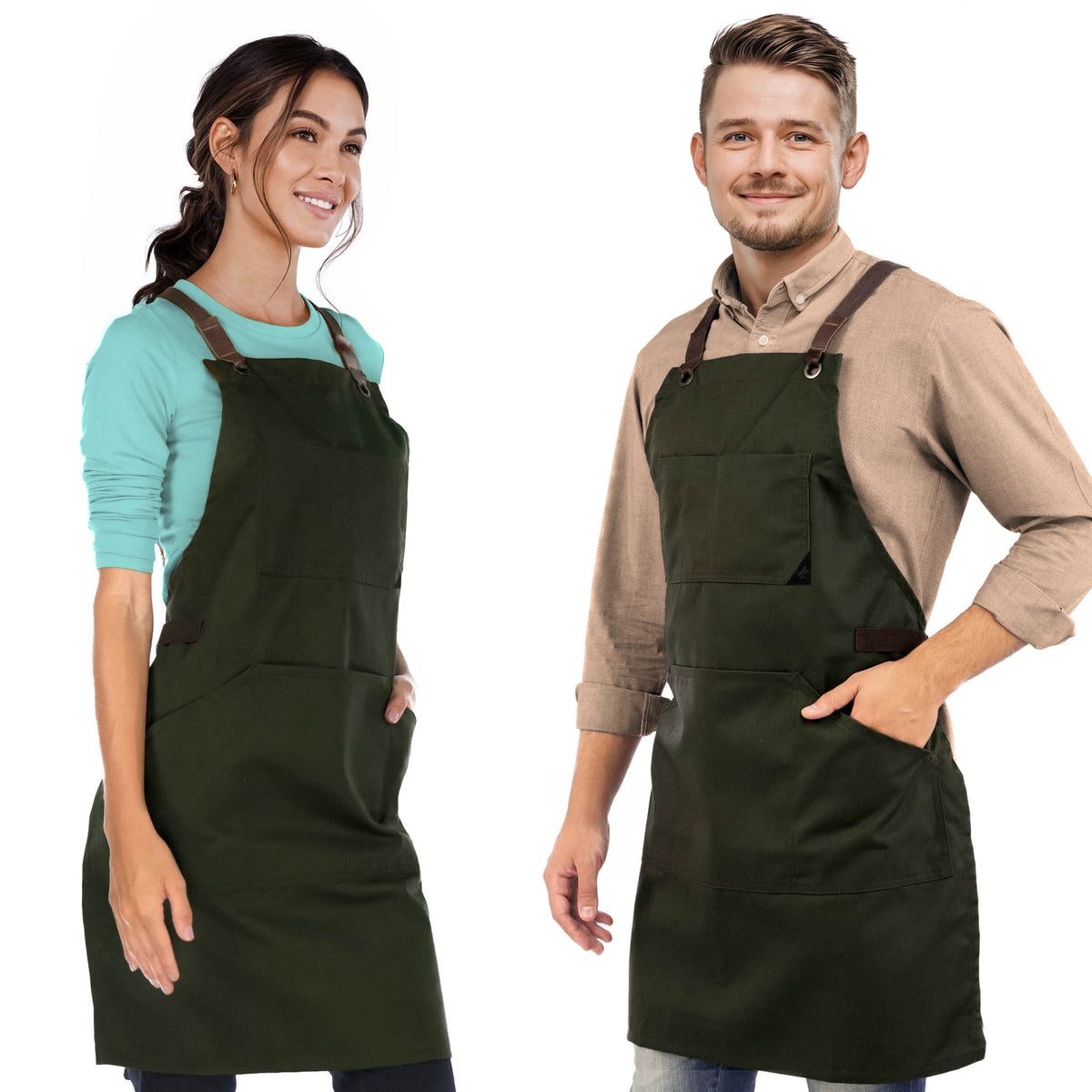 Work Apron - Professional Denim &amp; Twill, Leather Trim, CrossBack, Chef, Bartender, Shop, Server - Under NY Sky