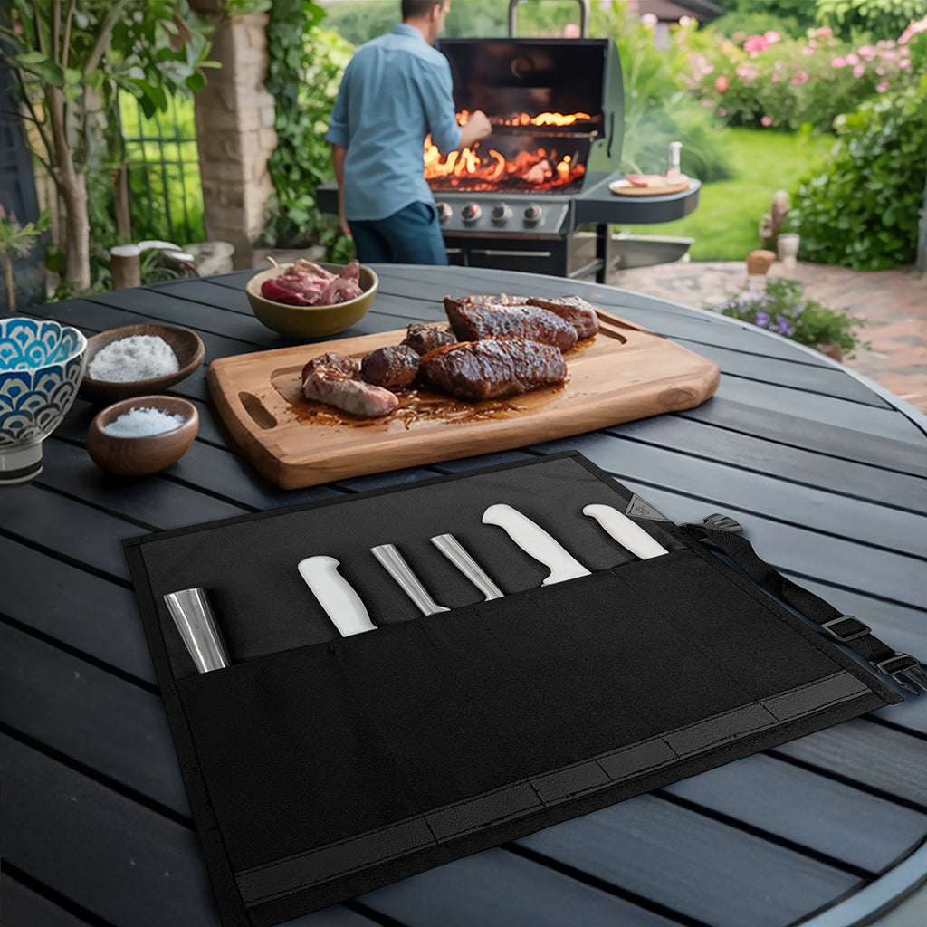Knife Roll Case - 1 to 6 Slots - Oxford Canvas Pouch, Leather Reinforced - Portable for Cooking Tools, Utensils, Cutlery Knives -  Under NY Sky