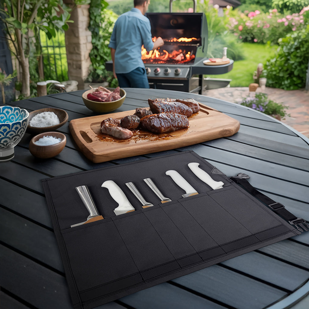 Knife Roll Case - 1 to 6 Slots - Oxford Canvas Pouch, Leather Reinforced - Portable for Cooking Tools, Utensils, Cutlery Knives -  Under NY Sky
