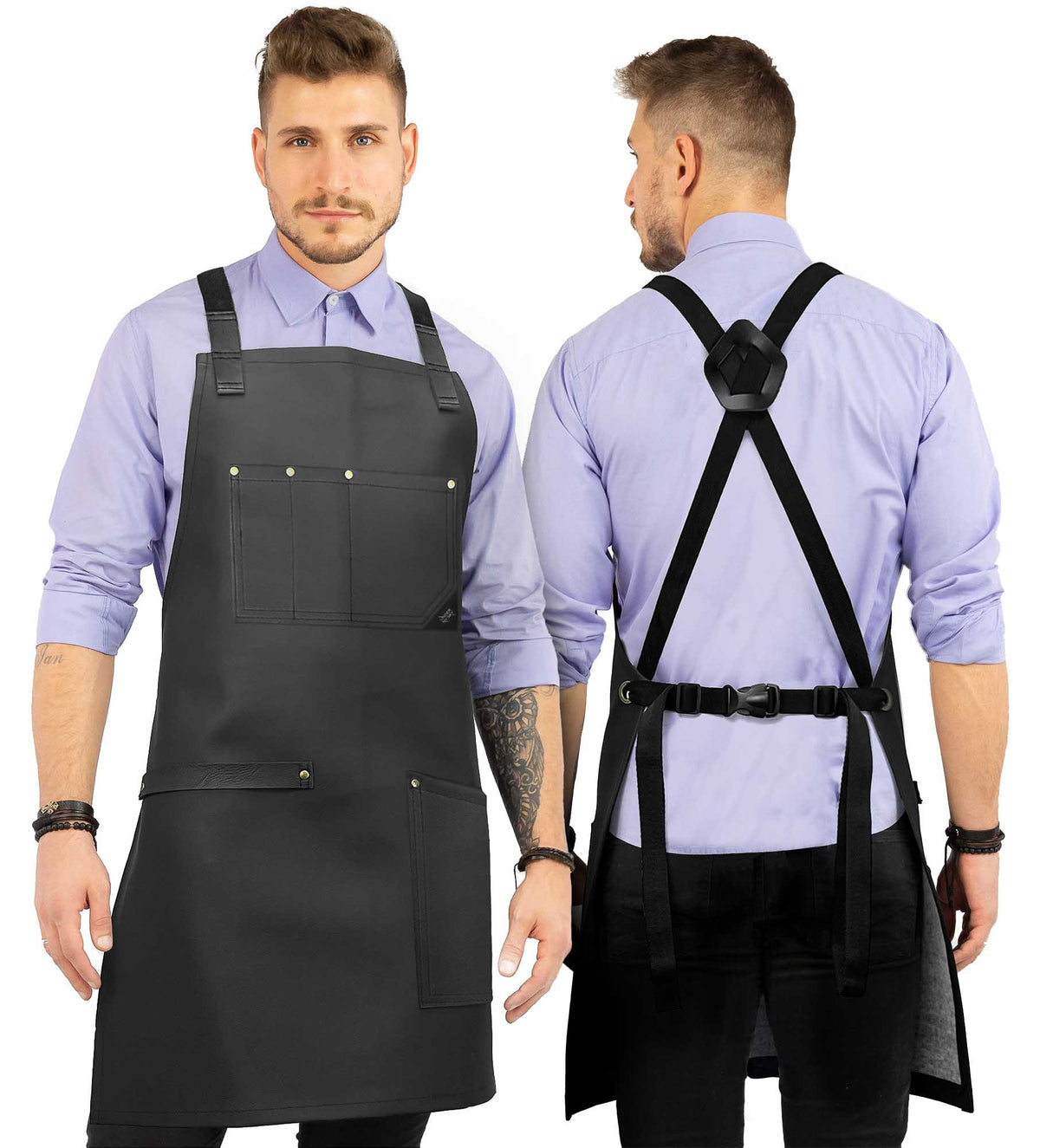 Leather Apron, Cross-back Straps, Reinforced, for Barbers - Vegan Leather - Black or Brown -  Under NY Sky