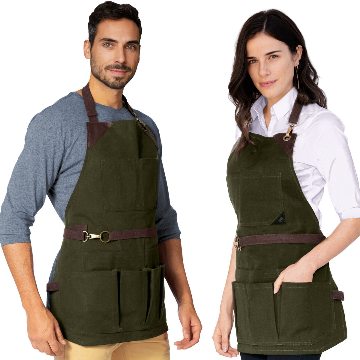 Tool Apron - 12 Pockets, Heavy-Duty Waxed Canvas, Leather Trim, NoTie - Woodwork, Garden, Shop - Under NY Sky