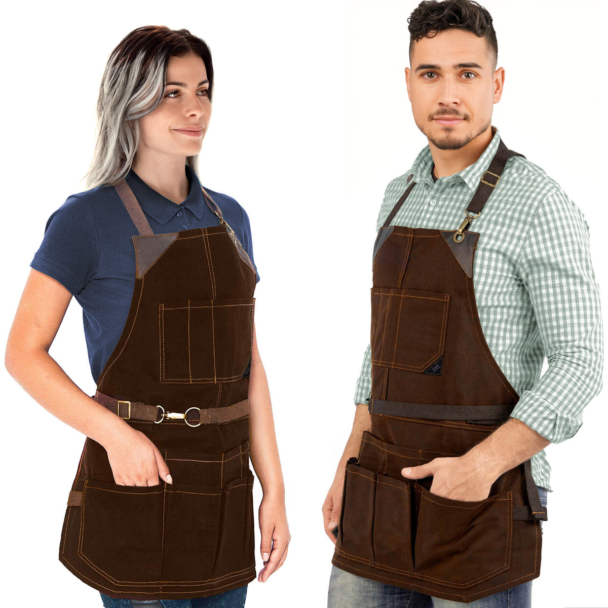 Tool Apron - 12 Pockets, Heavy-Duty Waxed Canvas, Leather Trim, NoTie - Woodwork, Garden, Shop - Under NY Sky